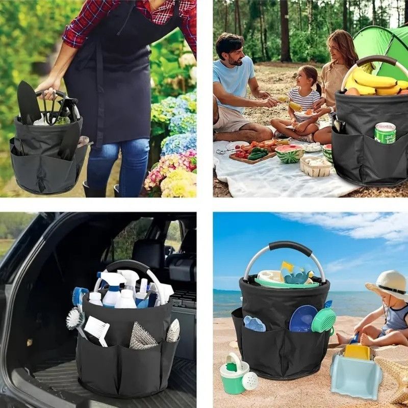 Foldable Handheld Storage Bucket with 6 Pockets, Oxford Garden Tool & Picnic Organizer Tote - Gray