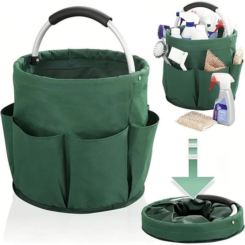 Foldable Handheld Storage Bucket with 6 Pockets, Oxford Garden Tool & Picnic Organizer Tote—Green