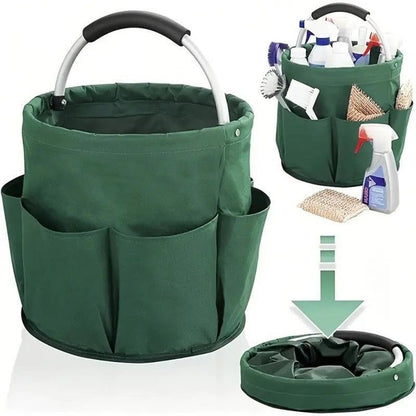 Foldable Handheld Storage Bucket with 6 Pockets, Oxford Garden Tool & Picnic Organizer Tote—Green