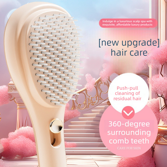 One-Click Self-Clean Retractable Massage Air Cushion Comb, Anti-Static Detangling Hair Brush for Scalp Care & Lifting—Beige