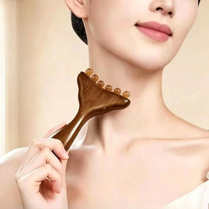 Red Sandalwood Facial Massager Beauty Push Tool, Horn Beads Lifting Gua Sha Meridian Massage Stick