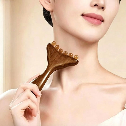 Red Sandalwood Facial Massager Beauty Push Tool, Horn Beads Lifting Gua Sha Meridian Massage Stick