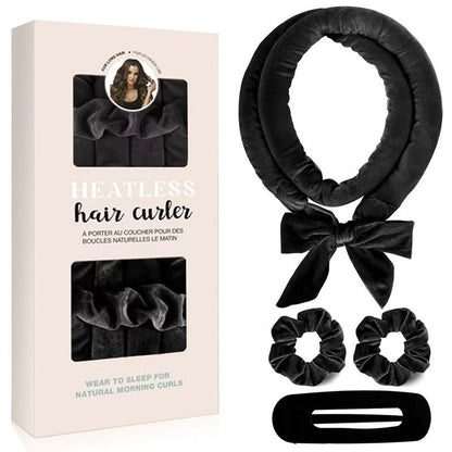 Velvet Heatless Hair Curlers Set, Overnight No-Heat Curling Ribbon with Scrunchies & Hair Clip—Black