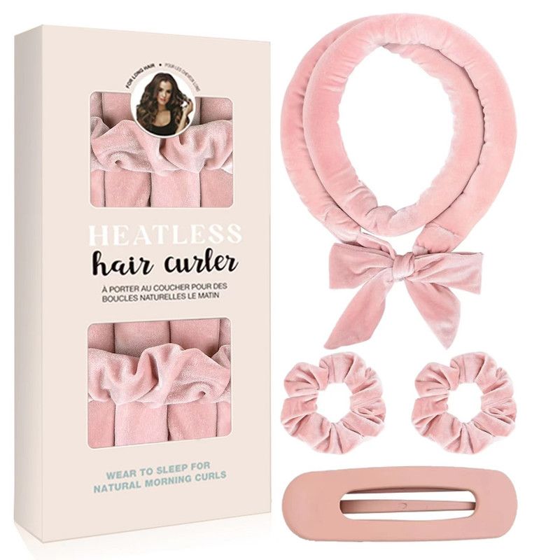 Velvet Heatless Hair Curlers Set, Overnight No-Heat Curling Ribbon with Scrunchies & Hair Clip - Light Pink