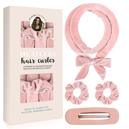 Velvet Heatless Hair Curlers Set, Overnight No-Heat Curling Ribbon with Scrunchies & Hair Clip - Light Pink