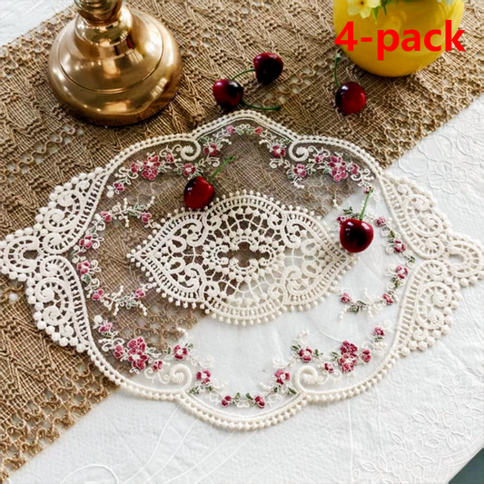 4 Pack Beige French Floral Embroidered Lace Placemats, Rectangular Vintage Sheer Mesh Table Decor Coaster