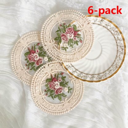 6 Pack Beige Vintage Rose Embroidered Lace Coasters, French Ins Style Round Mesh Heat Resistant Cup Mats