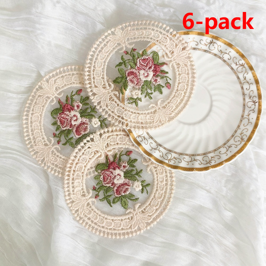 6 Pack Beige Vintage Rose Embroidered Lace Coasters, French Ins Style Round Mesh Heat Resistant Cup Mats