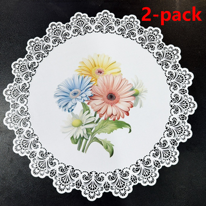 2-Pack Round PVC Lace-Printed Placemats, Waterproof, Oil-Resistant, Heat-Insulating Floral Table Mats - Daisy Pattern