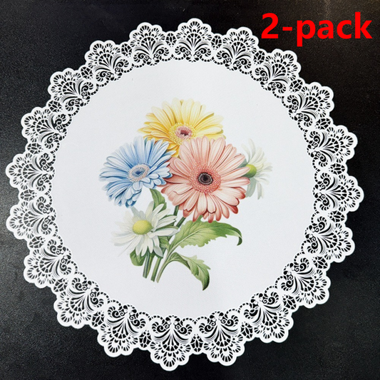 2-Pack Round PVC Lace-Printed Placemats, Waterproof, Oil-Resistant, Heat-Insulating Floral Table Mats - Daisy Pattern