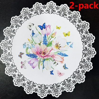 2-Pack Round PVC Lace-Printed Placemats, Waterproof, Oil-Resistant, Heat-Insulating Floral Table Mats - Tulip Pattern
