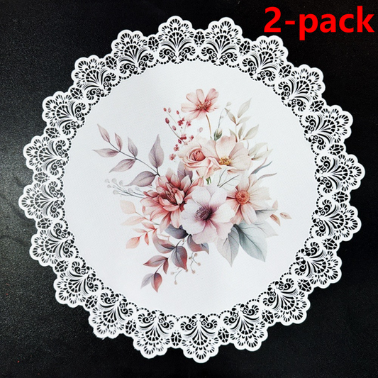 2-Pack Round PVC Lace-Printed Placemats, Waterproof, Oil-Resistant, Heat-Insulating Floral Table Mats - Floral Pattern