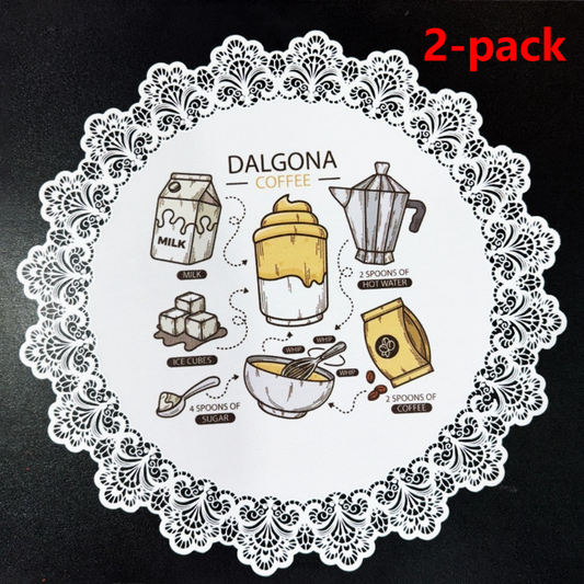 2-Pack Round PVC Lace Coffee-Printed Placemats, Waterproof, Oil-Resistant, Heat-Insulating, Non-Slip Table Mats—Coffee Design