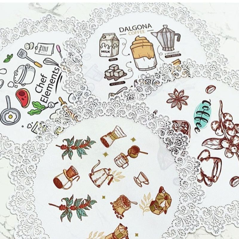 2-Pack Round PVC Lace Coffee-Printed Placemats, Waterproof, Oil-Resistant, Heat-Insulating, Non-Slip Table Mats—Coffee Design