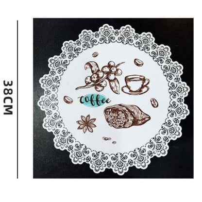 2-Pack Round PVC Lace Coffee-Printed Placemats, Waterproof, Oil-Resistant, Heat-Insulating, Non-Slip Table Mats—Coffee Design