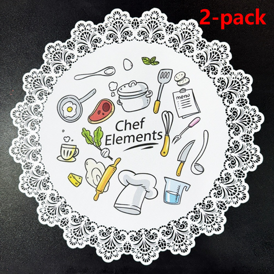 2-Pack Round PVC Lace Coffee-Printed Placemats, Waterproof, Oil-Resistant, Heat-Insulating, Non-Slip Table Mats - Cartoon Design