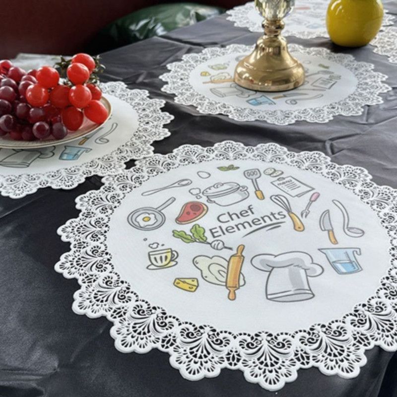 2-Pack Round PVC Lace Coffee-Printed Placemats, Waterproof, Oil-Resistant, Heat-Insulating, Non-Slip Table Mats - Cartoon Design