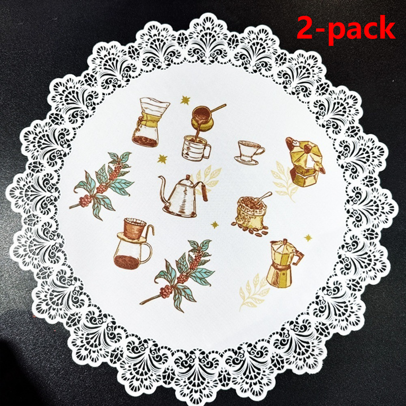 2-Pack Round PVC Lace Coffee-Printed Placemats, Waterproof, Oil-Resistant, Heat-Insulating, Non-Slip Table Mats - Hand-Painted Design