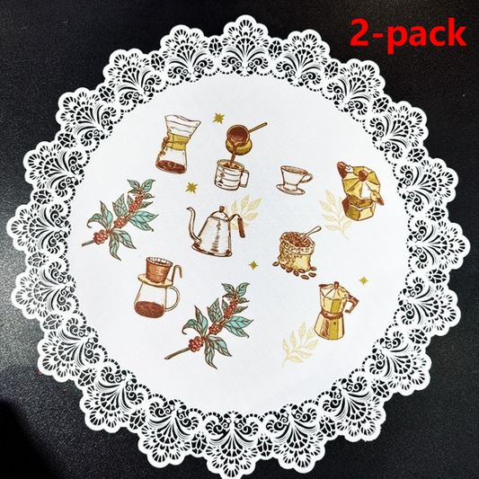 2-Pack Round PVC Lace Coffee-Printed Placemats, Waterproof, Oil-Resistant, Heat-Insulating, Non-Slip Table Mats - Hand-Painted Design