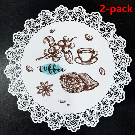 2-Pack Round PVC Lace Coffee-Printed Placemats, Waterproof, Oil-Resistant, Heat-Insulating, Non-Slip Table Mats - Coffee Design