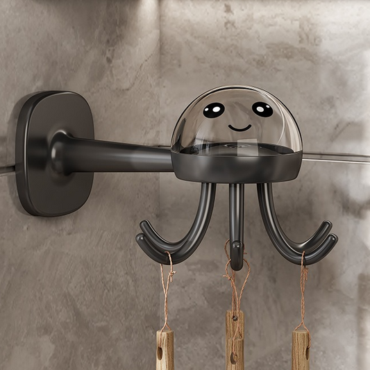 Octopus Rotating No-Drill Hook, Multi-Purpose Strong Adhesive 6-Claw Kitchen Utensil Wall Storage Rack—Gray