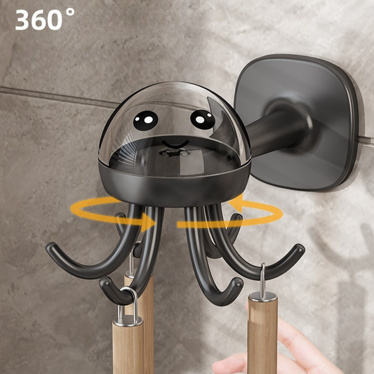 Octopus Rotating No-Drill Hook, Multi-Purpose Strong Adhesive 6-Claw Kitchen Utensil Wall Storage Rack—Gray