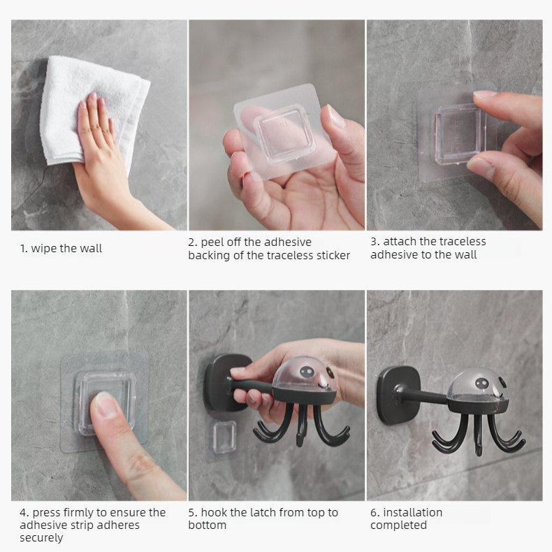 Octopus Rotating No-Drill Hook, Multi-Purpose Strong Adhesive 6-Claw Kitchen Utensil Wall Storage Rack—Gray