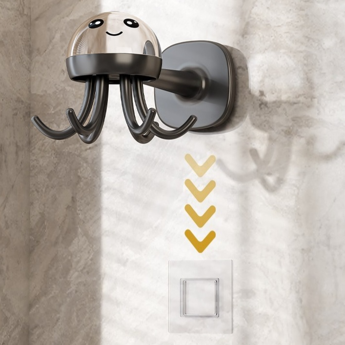 Octopus Rotating No-Drill Hook, Multi-Purpose Strong Adhesive 6-Claw Kitchen Utensil Wall Storage Rack—Gray