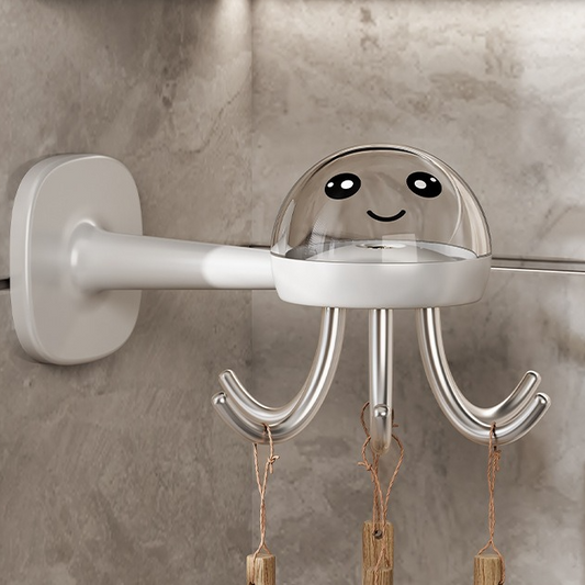 Octopus Rotating No-Drill Hook, Multi-Purpose Strong Adhesive 6-Claw Kitchen Utensil Wall Storage Rack—White