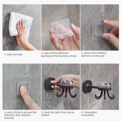 Octopus Rotating No-Drill Hook, Multi-Purpose Strong Adhesive 6-Claw Kitchen Utensil Wall Storage Rack—White