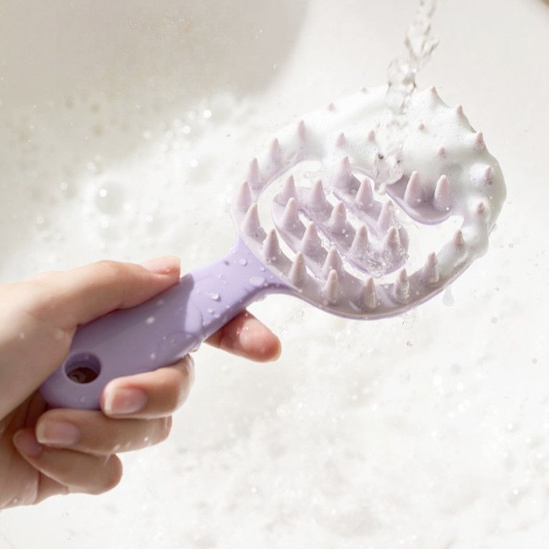 Long-Handled Hollow Hair Shampoo Brush, TPR Soft-Bristle Scalp Massager, for Wet & Dry Hair—White