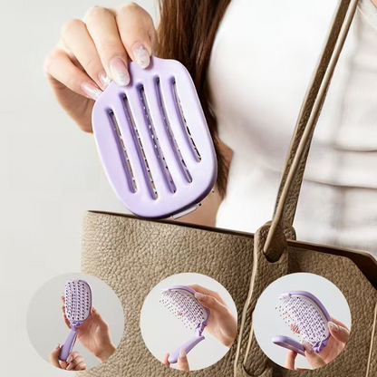 Self-Cleaning Foldable Vent Hair Brush, Portable Detachable Volumizing Scalp Massage Comb—Purple