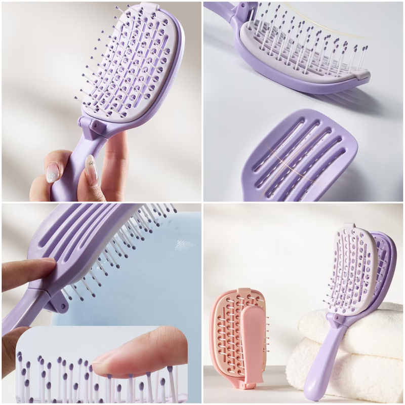 Self-Cleaning Foldable Vent Hair Brush, Portable Detachable Volumizing Scalp Massage Comb—Purple