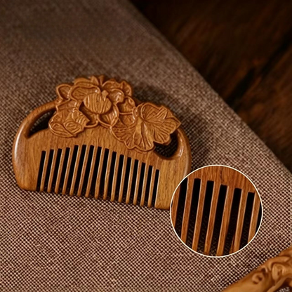 8cm Mini Carved Sandalwood Comb, Vintage Peony Flower 3D Engraved Portable Anti-Static Wooden Scalp Massage Comb