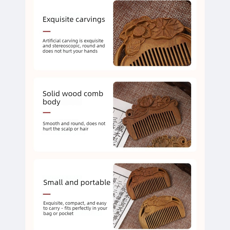 8cm Mini Carved Sandalwood Comb, Vintage Peony Flower 3D Engraved Portable Anti-Static Wooden Scalp Massage Comb