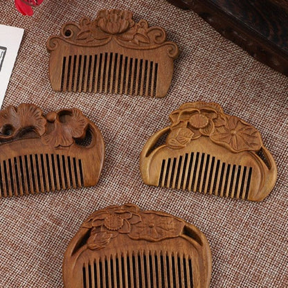8cm Mini Carved Sandalwood Comb, Vintage Peony Flower 3D Engraved Portable Anti-Static Wooden Scalp Massage Comb