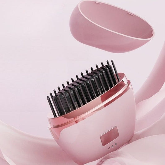 Mini Wireless Negative Ion Hair Straightener Brush, Rechargeable Portable Constant-Temperature Hair Styling Comb for Travel—Pink