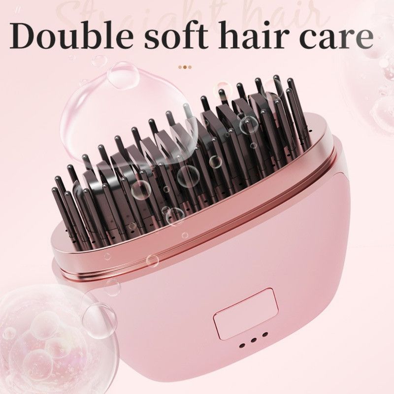 Mini Wireless Negative Ion Hair Straightener Brush, Rechargeable Portable Constant-Temperature Hair Styling Comb for Travel—Pink