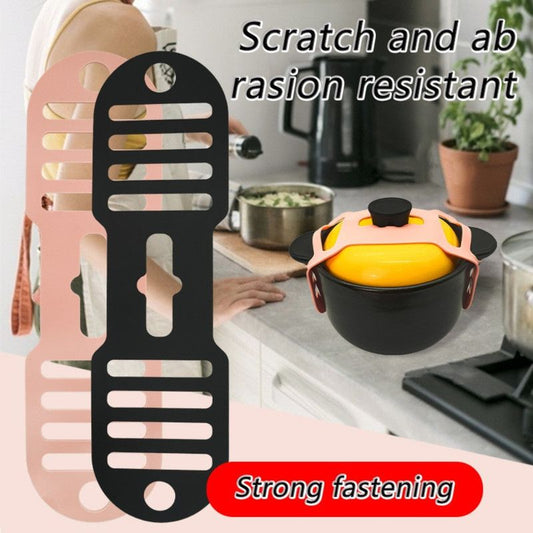 Silicone Pot Lid Fastening Strap, Portable Anti-Spill Lid Holder Strap for Casseroles and Stew Pots—Black