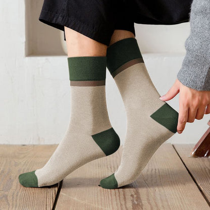 5 Pairs Men Color Block Terry Crew Socks, Thick Warm Minimalist Business Cotton Socks For Autumn Winter