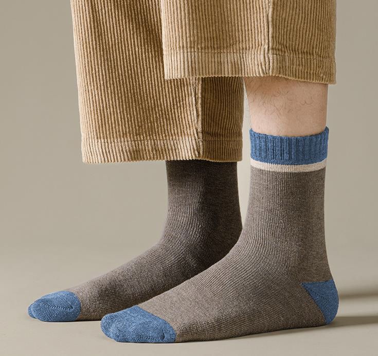 5 Pairs Men Color Block Terry Crew Socks, Thick Warm Minimalist Business Cotton Socks For Autumn Winter