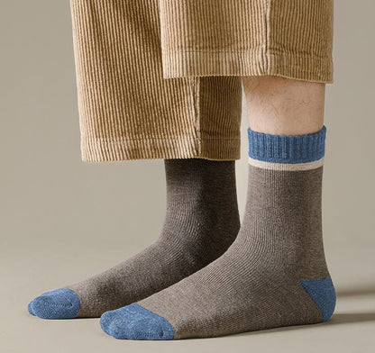 5 Pairs Men Color Block Terry Crew Socks, Thick Warm Minimalist Business Cotton Socks For Autumn Winter