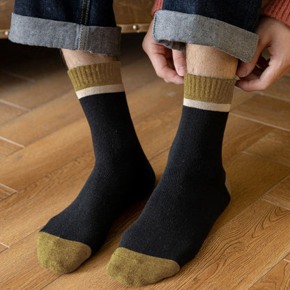 5 Pairs Men Color Block Terry Crew Socks, Thick Warm Minimalist Business Cotton Socks For Autumn Winter