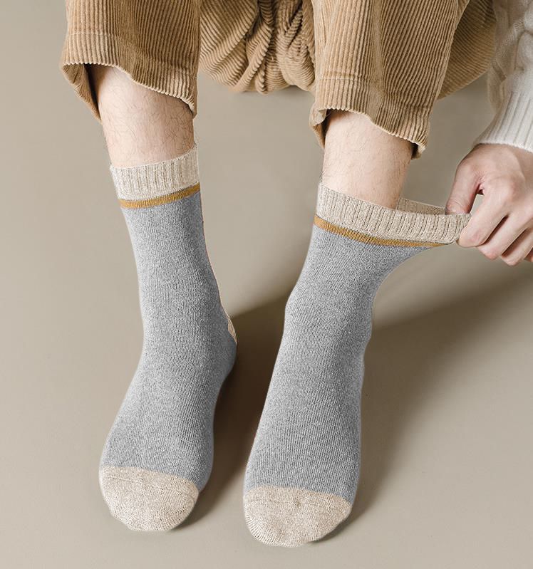 5 Pairs Men Color Block Terry Crew Socks, Thick Warm Minimalist Business Cotton Socks For Autumn Winter