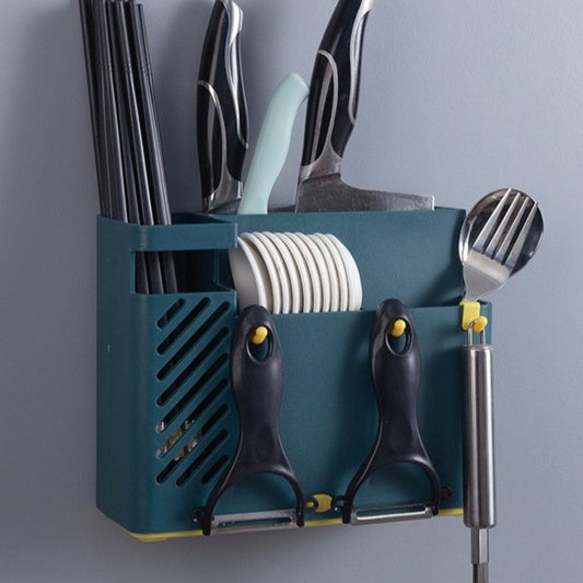 Wall-Mounted Chopstick Holder, Multi-Compartment Kitchen Utensil Storage Rack, Drainable Cutlery Organizer—Blue Kemu |Fashion Home Kitchen Beauty