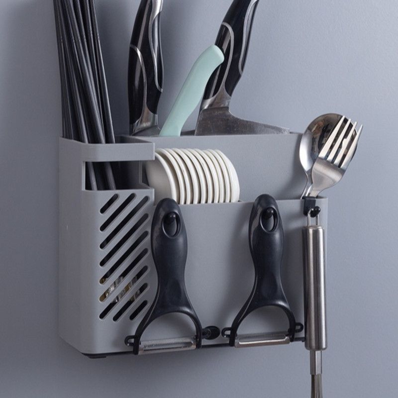 Wall-Mounted Chopstick Holder, Multi-Compartment Kitchen Utensil Storage Rack, Drainable Cutlery Organizer—Gray Kemu |Fashion Home Kitchen Beauty