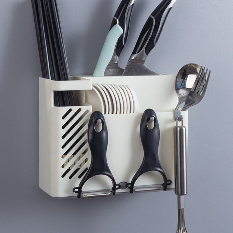 Wall-Mounted Chopstick Holder, Multi-Compartment Kitchen Utensil Storage Rack, Drainable Cutlery Organizer—White Kemu |Fashion Home Kitchen Beauty