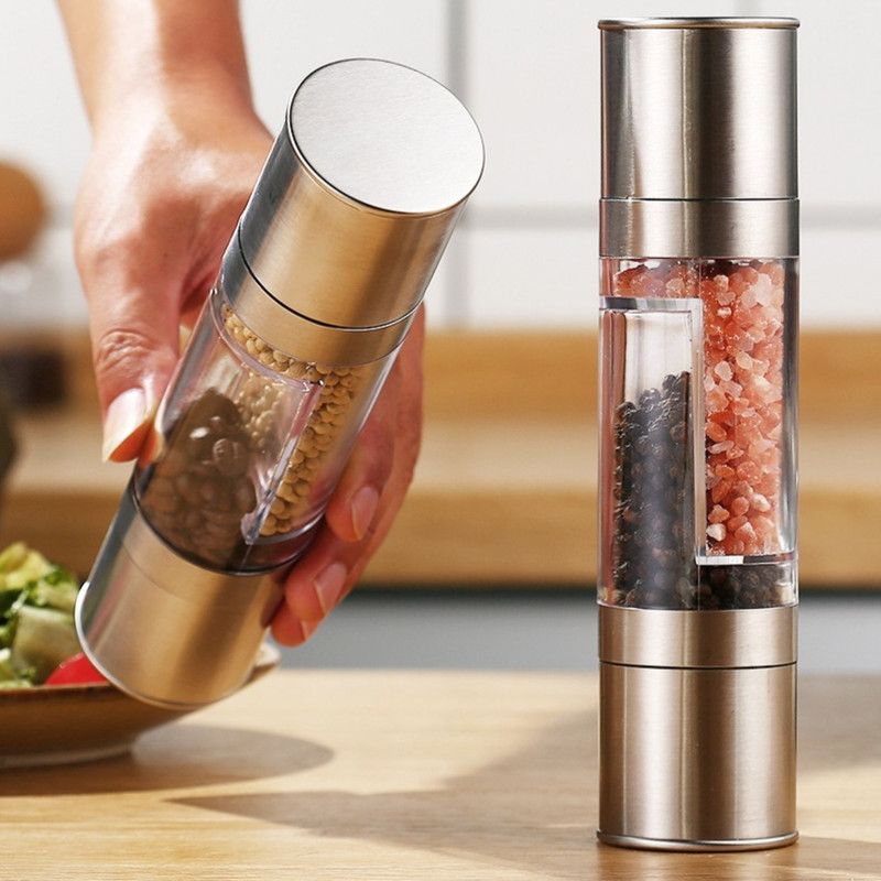 Double-Head Manual Spice Grinder, 2-in-1 Pepper & Sea Salt Mill, Adjustable Coarseness Seasoning Crusher—Silver Kemu |Fashion Home Kitchen Beauty