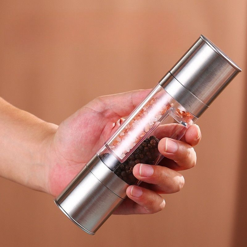 Double-Head Manual Spice Grinder, 2-in-1 Pepper & Sea Salt Mill, Adjustable Coarseness Seasoning Crusher—Silver Kemu |Fashion Home Kitchen Beauty