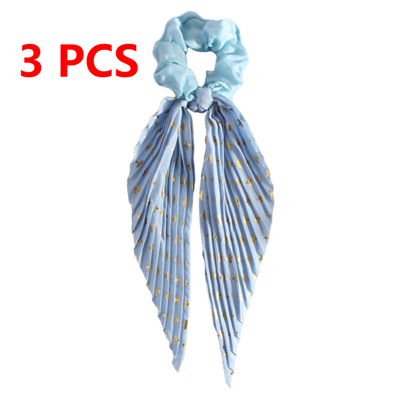Printed Pleated Scarf Scrunchie, Elegant Long Ribbon Hair Tie for Women—Ponytail Hair Accessories (3-Pack)—Blue Kemu |Fashion Home Kitchen Beauty